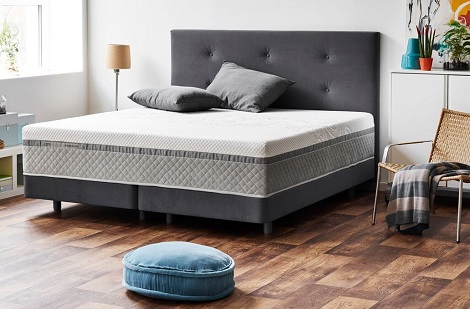 sealy boxspring,foundation met hoofdbord ,knopen, dots,stof,dark grey,goed slapen, matras ultra hybride,theo bot zwaag